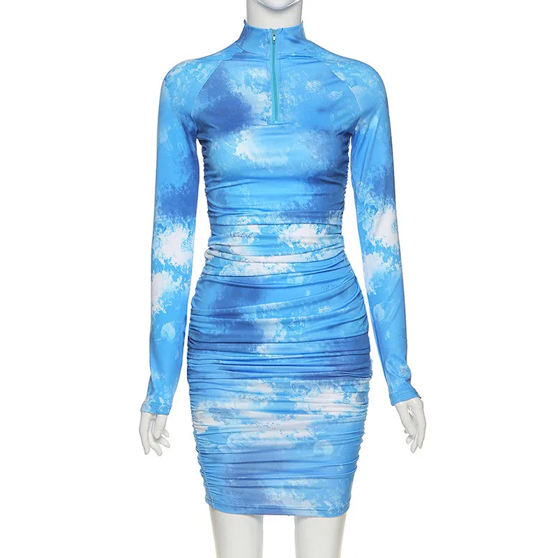

CNYISHE 2020 Summer Dress Women Casual Fashion Tie Dye Print Women Midi Dresses Zipper Long Sleeve Dress Streetwear Vestido Robe