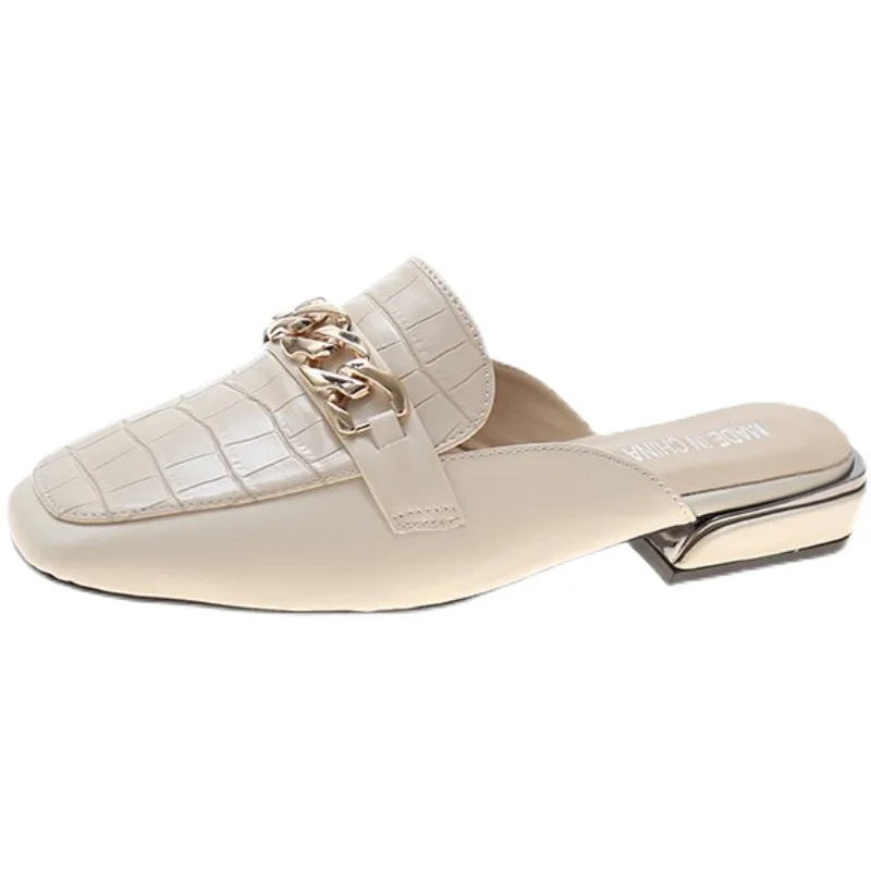 

Square heel Shoes Woman 2021 Slippers Casual Thin Heels Med Low Cover Toe Pantofle Butterfly-Knot Block Luxury Soft Summer New R