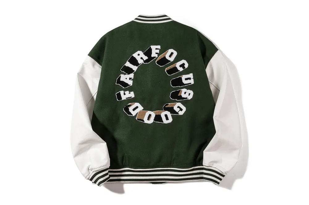 

Dark Icon Embroidery Baseball Jacket Men Leather Patchwork High Street Men's Jackets Black Green