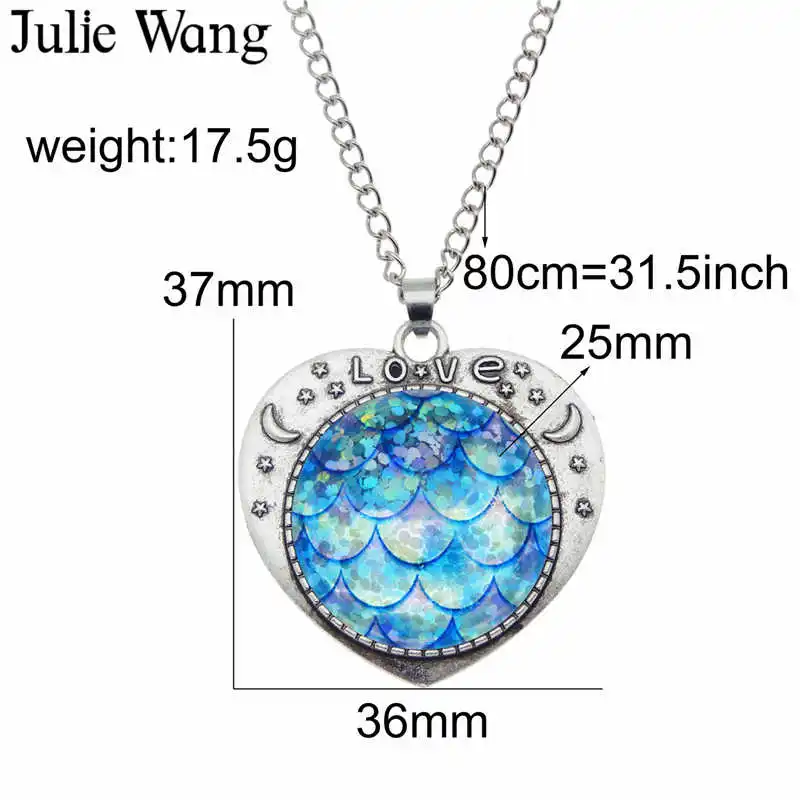 Julie Wang 25mm Glass Mermaid Fish Scale Necklace Women Heart Cabochon Setting Pendant Collar Chain Bohemian Fashion Jewelry | Украшения и