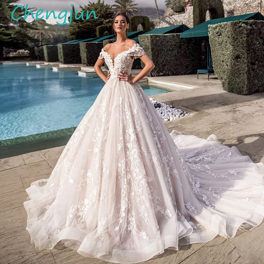 

Chengjun Luxury Off Shoulder V Neck Lace Beaded Crystal Princess Wedding Gowns for Bride