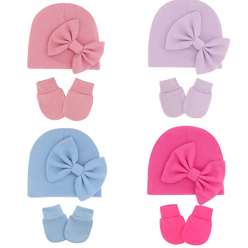 

3Pcs/Set Autumn Winter Baby Hat Gloves Set Solid Children Cotton Hat Baby Bow Mittens Kit Boy Girl Warm CottonBeanies Cap
