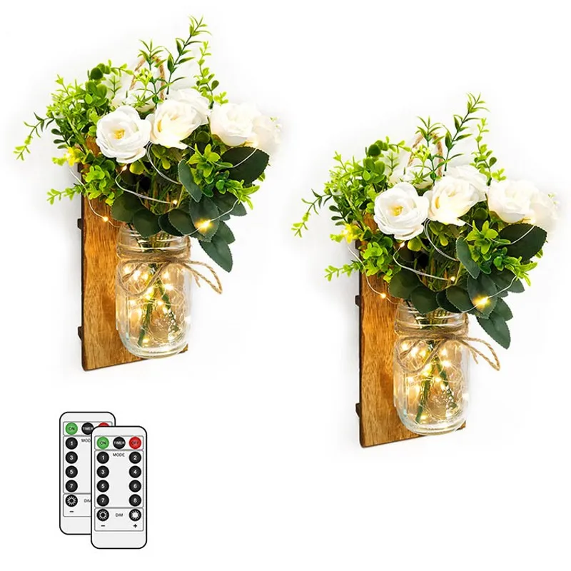 

2pcs Led Mason Jar Sconces Light With Artificial Flowers House Hanging Fairy LED String Lamp Remote Control Wall Lights Home Dec