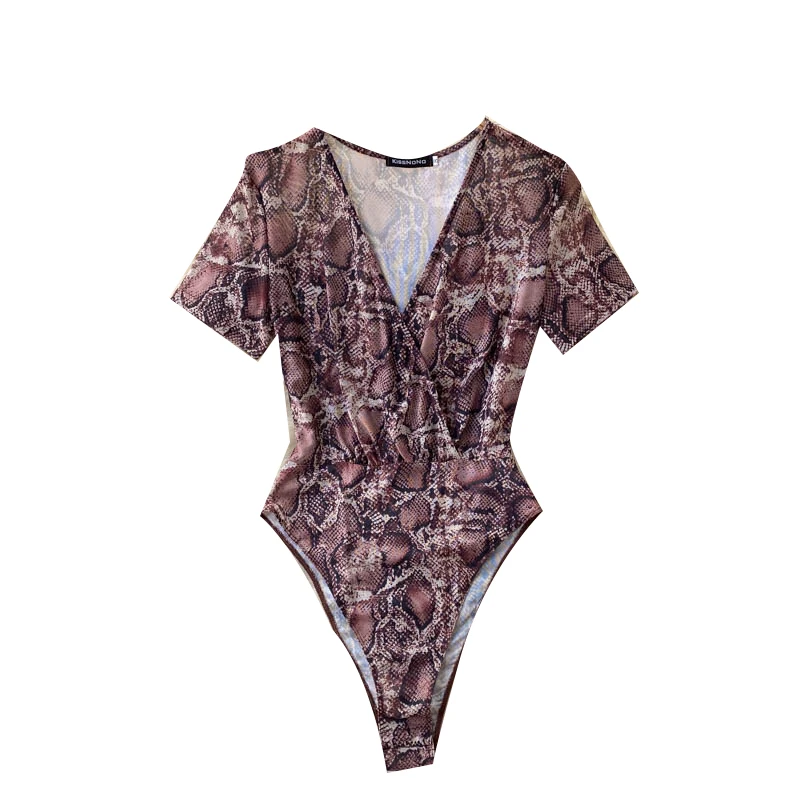 

Design Serpentine Print Rompers Women Short Sleeve V Neck Slim Jumpsuit Summer Fashion Sexy Streetwear Short Bodysuit