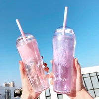 sakura cup with straw reusable tumbler cup bpa free plastic cup summer water bottle for drinking juice milk coffee mug 385ml