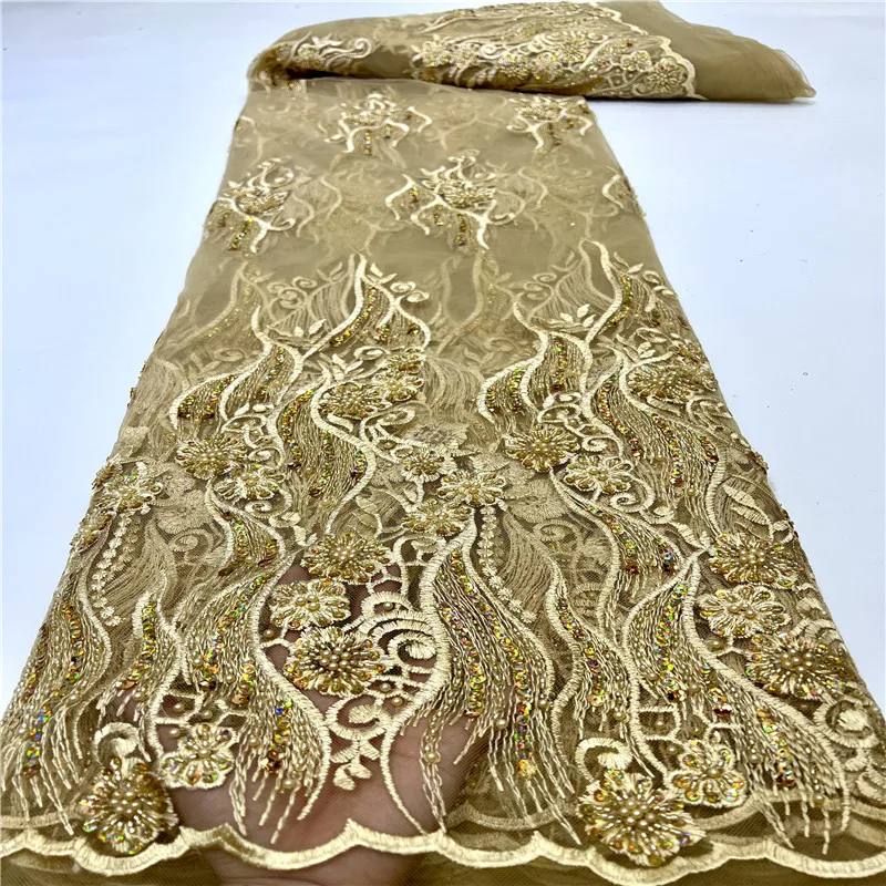 

Африканская ткань цвета шампанского золота 2021, 5 ярдов, вышивка бисером ручной работы и блестками, шитье в нигерийском стиле для свадебного ...