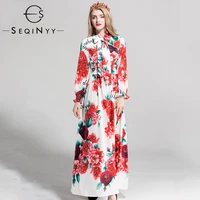 seqinyy long dress 2020 autumn winter women fashion design new high quality long sleeve letter peony flowers printed dress
