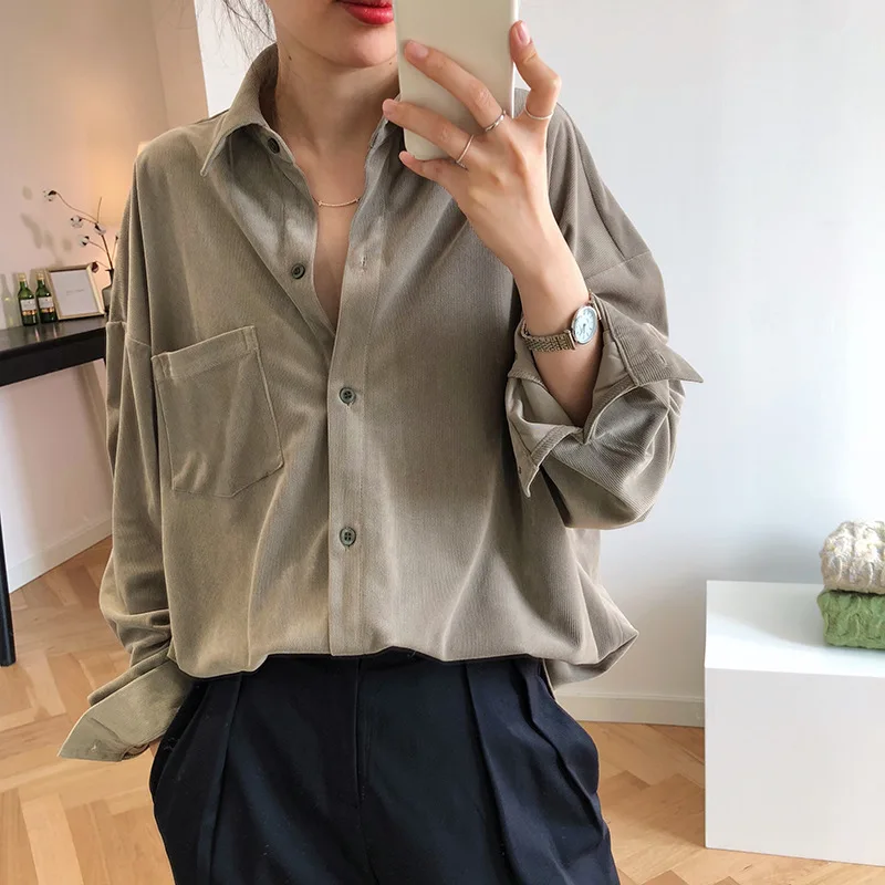 

2020 Women Corduroy Blouses Turn Down Collar Spring Womens Tops And Blouse Spring Vintage Shirts Blusas Roupa Feminina Clothes