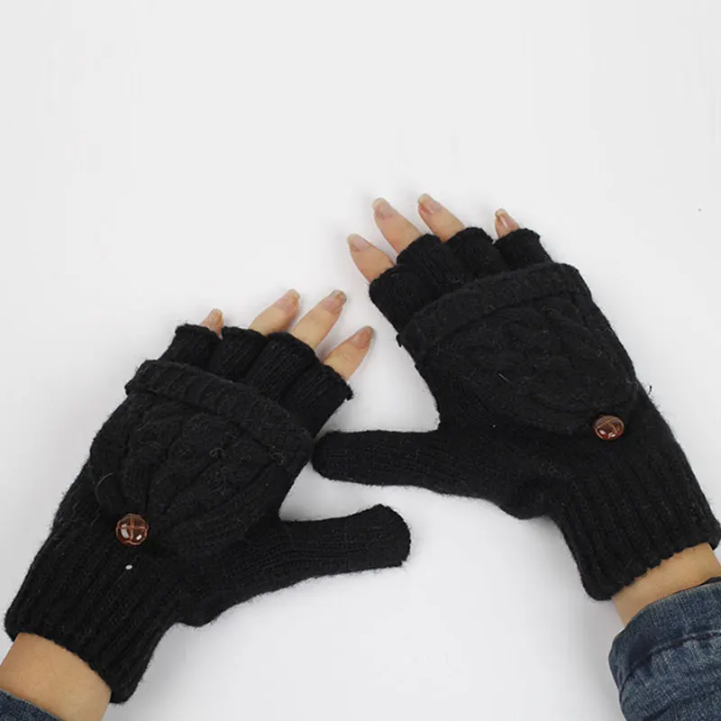 Женские и мужские однотонные зимние вязаные перчатки с откидной крышкой теплые