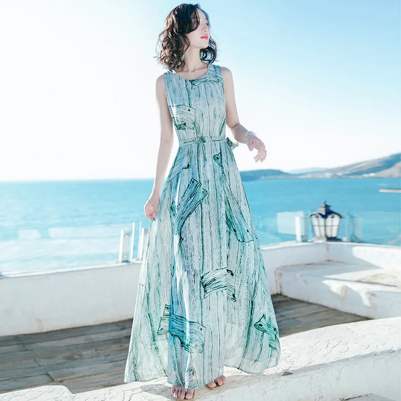 

Women's summer printed long dress sleeveless beach skirt