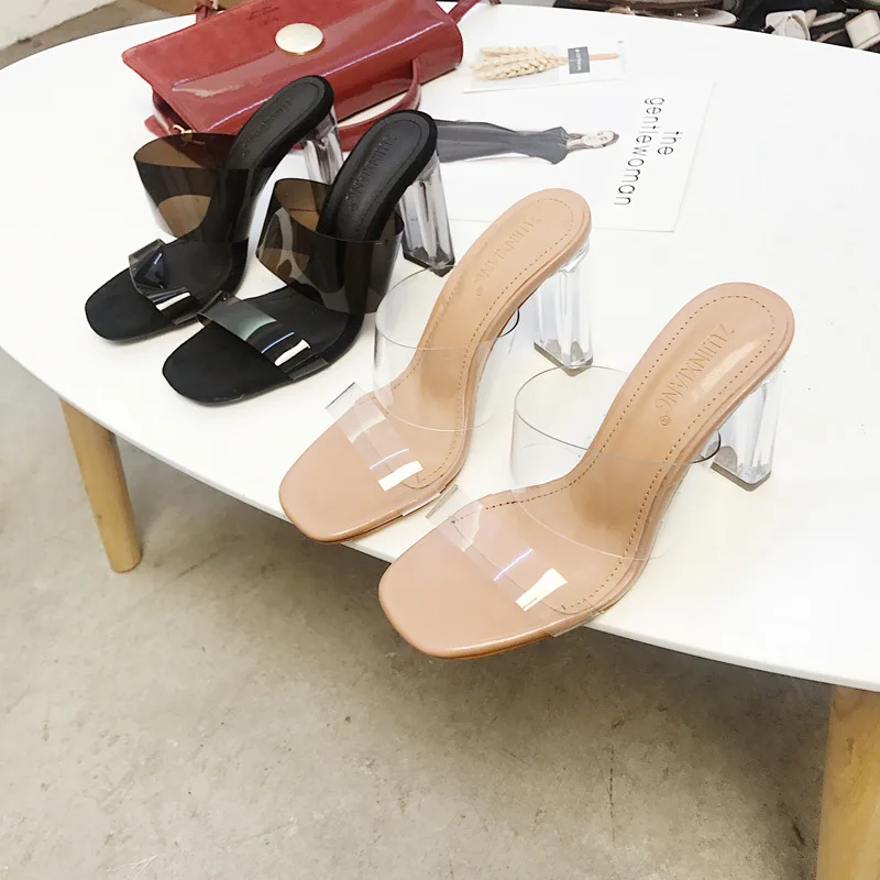 

Transparent Slippers Flat Shoes Female Women Heels Pantofle Beige Heeled Sandals Glitter Slides Fashion Square heel High 2021 Bl