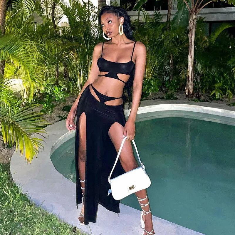 

NOVAINSPO Summer Backless Cut Out Halter Fashion Sexy Soild Sleeveless Partywear Outfits For Women 2021 Hot Aesthetic Two Piece