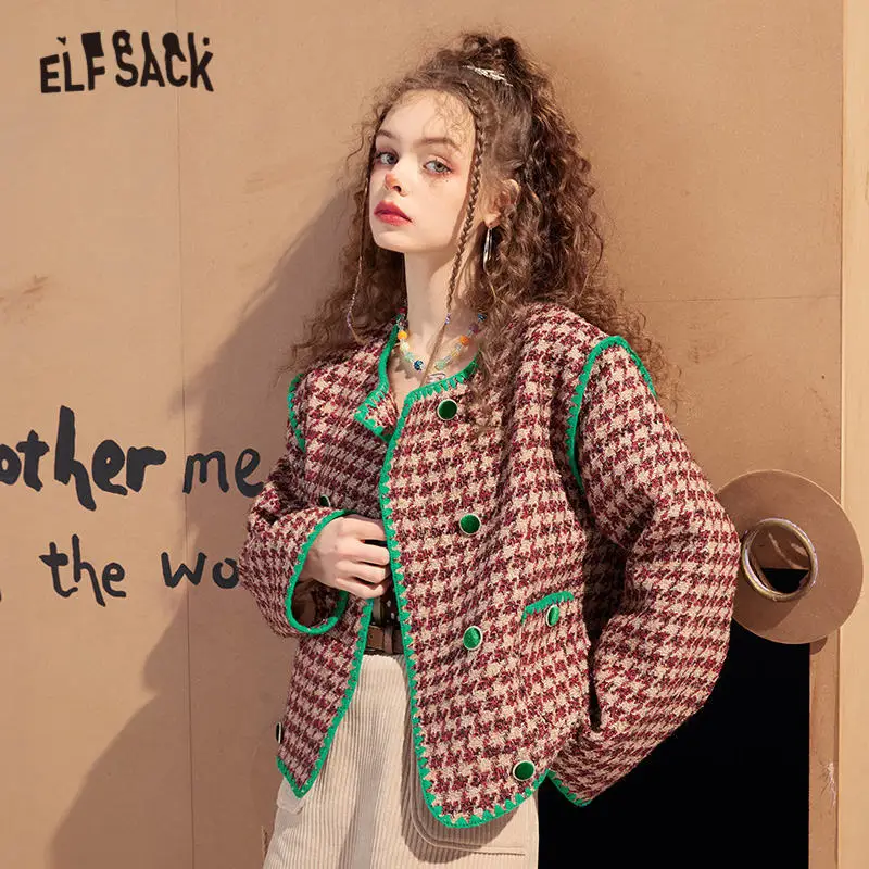 

ELFSACK/клетчатая шикарная однобортная Повседневная Женская куртка 2021 зимняя повседневная Корейская женская короткая верхняя одежда с длинны...