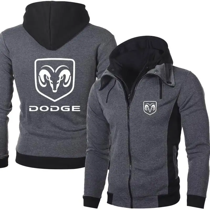 

2021 New Spring and Autumn Men's Dodge Logo Stand Collar Dual Zippers Hooded Long Sleeve Casual Jacket Cardigan Hoodie 3 Colors
