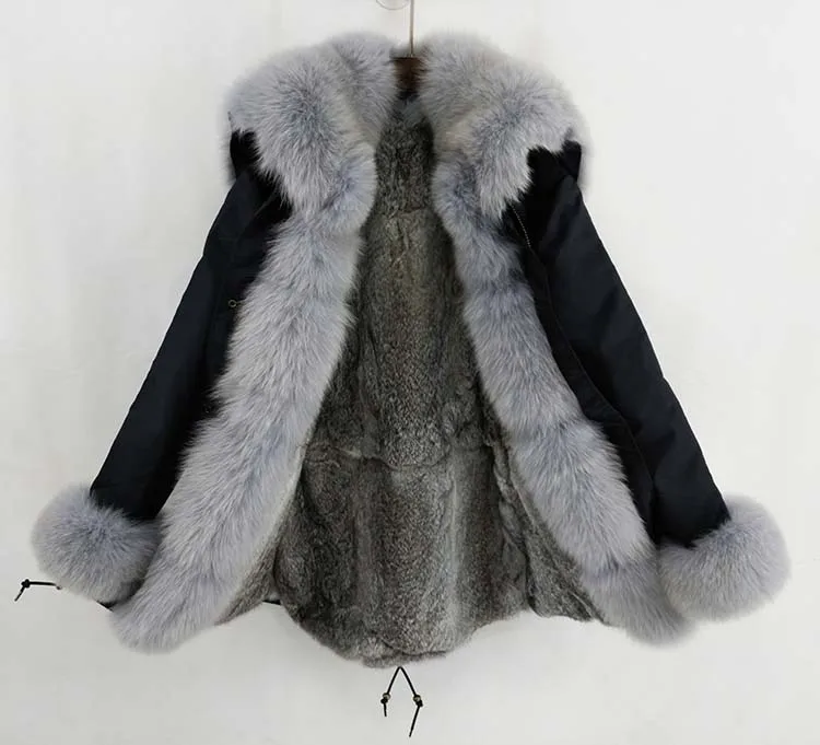 OFTBUY, водонепроницаемая парка, зимняя куртка, Женское пальто с натуральным мехом, большой натуральный мех енота, Воротник из натурального меха кролика, подкладка из толстого теплого меха, Новинка - Цвет: black grey