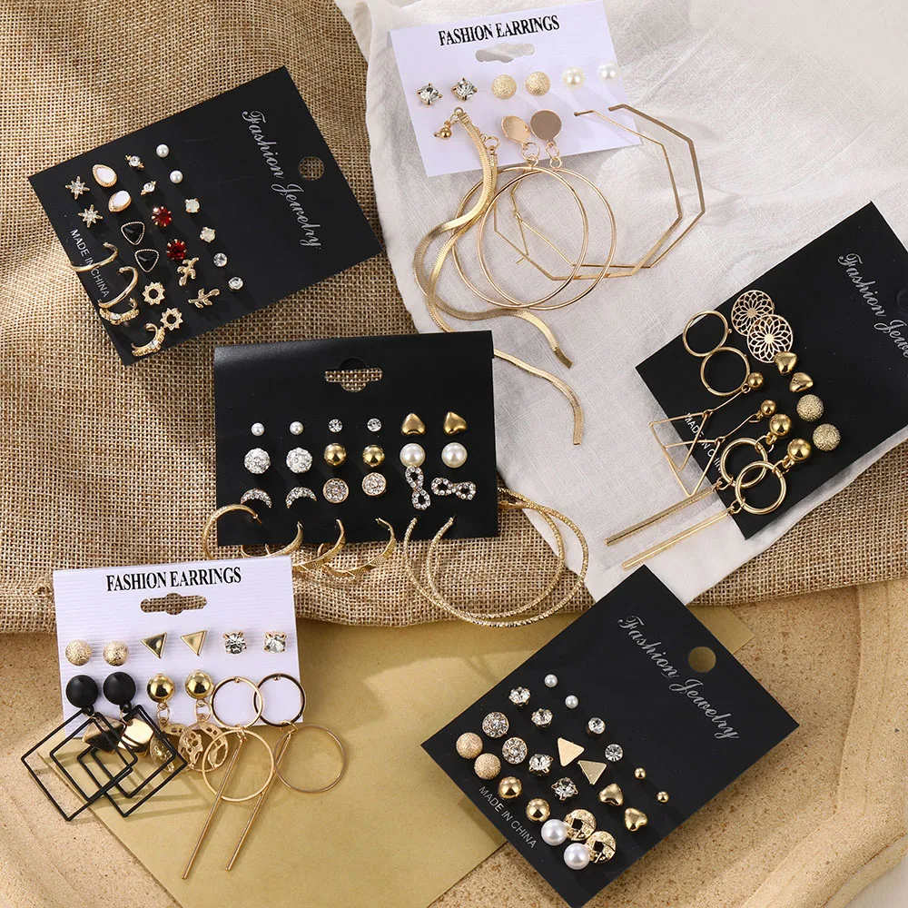 

Fashion Women's Earrings Set Pearl Crystal Stud Earrings For Women 2020 Boho Geometric Round Flower Tassel Earrings Punk Jewelry