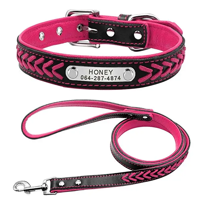 Hot Pink Set Кожаный ошейник для собак Плетеный персоанзсид ID бирка ошейники именная табличка индивидуальный ошейник для домашних животных кожаные поводки с карабином - Цвет: Hot Pink Set