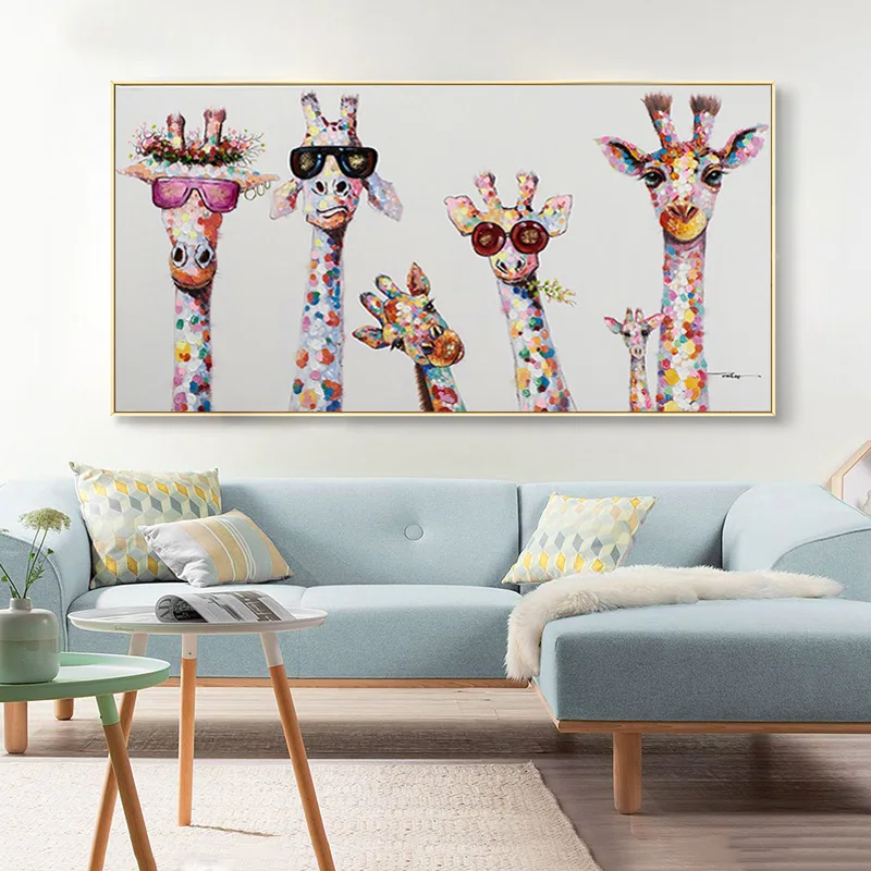 Картины на холсте с граффити красочные Животные Жираф семья очками картины