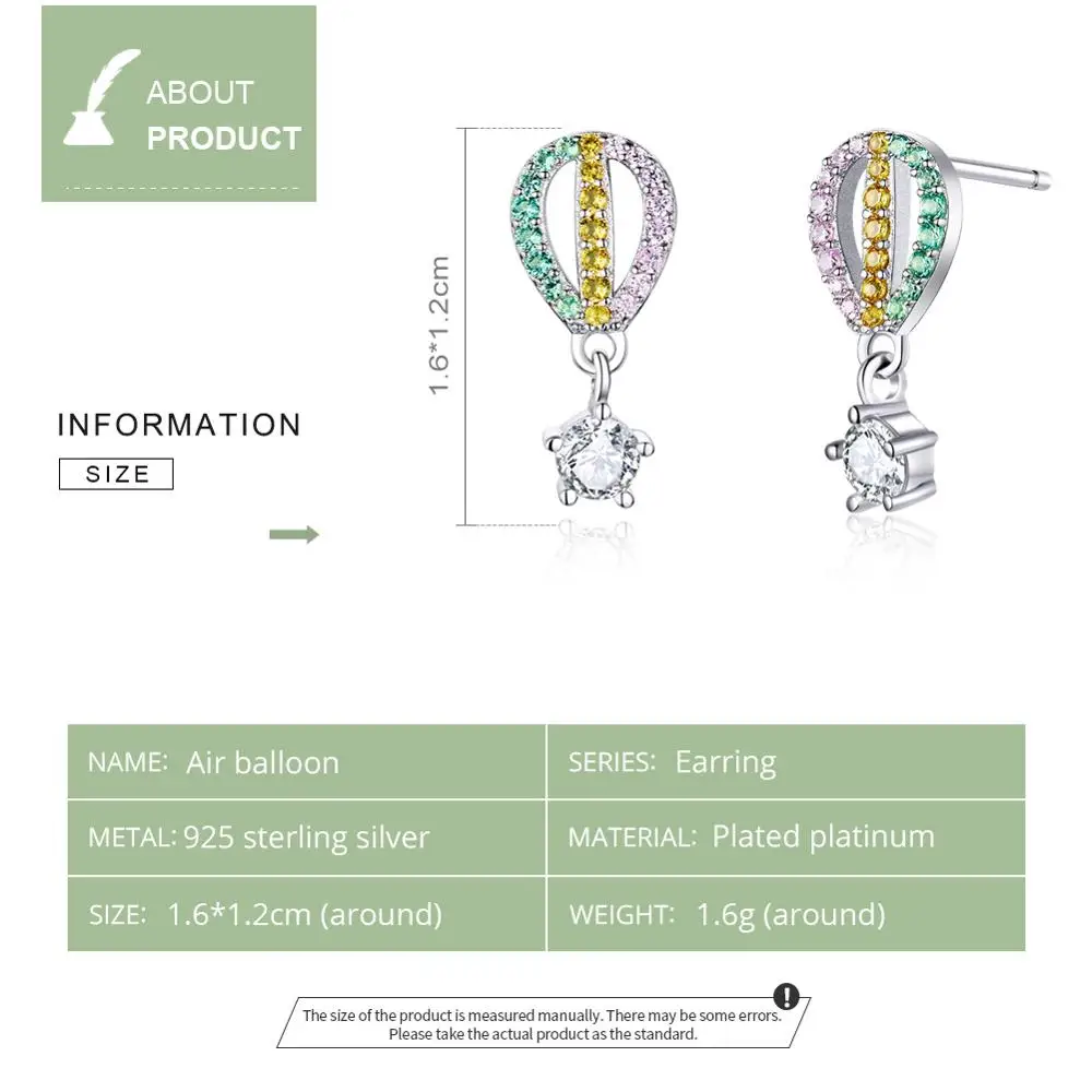 WOSTU Real 925 Sterling Silver Rainbow Air Balloon Stud Earrings For Women Stylish Zircon Small Romantic Jewelry FIE770 | Украшения и