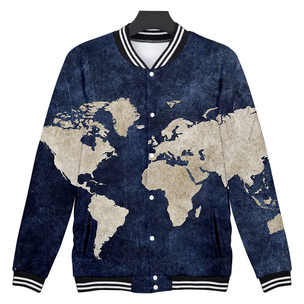 Dark Blue ISHOWTIENDA пара 3D печать куртка Мужская карта мира шаблон кардиган пальто на пуговицах бейсбольная форма округление воротник Топы 8M3 - Цвет: Dark Blue