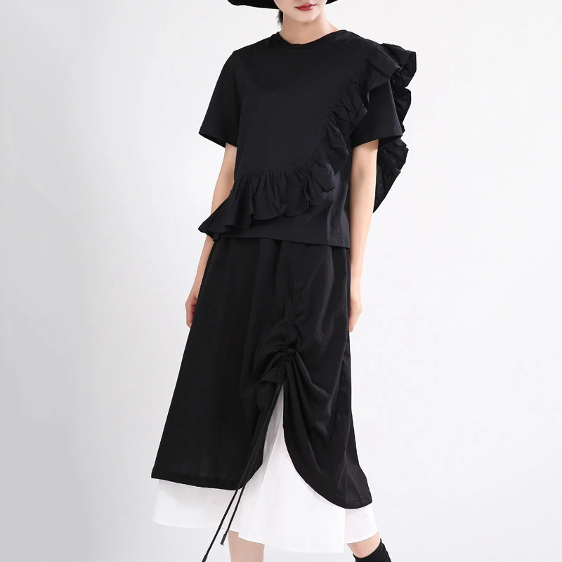 

[EAM] Vintage Drawstring Pleated Irregular Black High Waist Half-body Skirt Women Fashion New Spring Autumn 2021 1DD5144