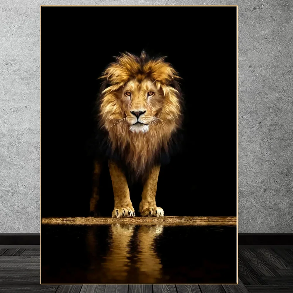 

Modern animal art canvas painting golden lion, wild animal picture mural prints and posters Scandinavian home decor painting