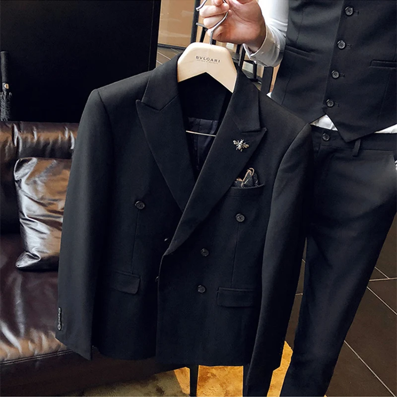 

Plyesxale Double Breasted Suit Men 2020 Black Coffee Gray Men's Wedding Suit Three Piece Costume Homme Casual Formal Suits Q682
