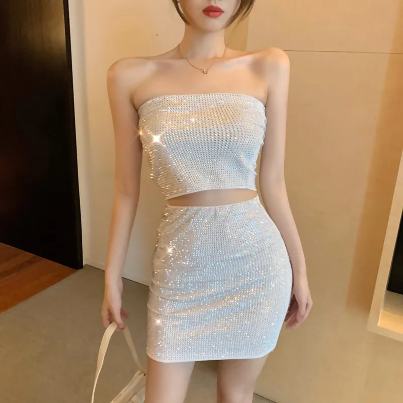 

Sexy Girl Blingbling 2pc Matching Suits Fashion Sequined Slash Neck Tube Top Short Camis&Mini Skirt Sets Chic 2 Piece Outfits