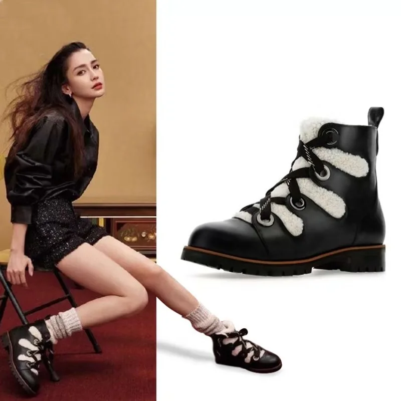 

brand shoes winter snow boots woman winter thick heel plush lady casual shoes woman black real leather fur ankle boots platform