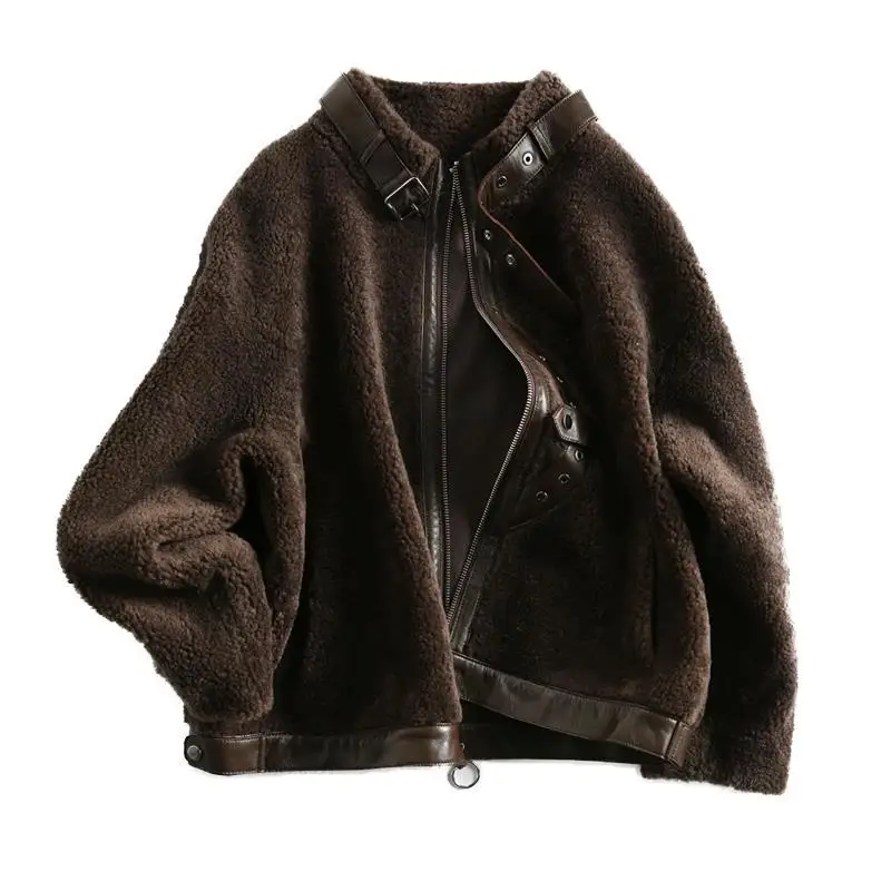 

Gangfeng high-end quality locomotive wind fur jacket warm soft waxy wool coat female small man winter