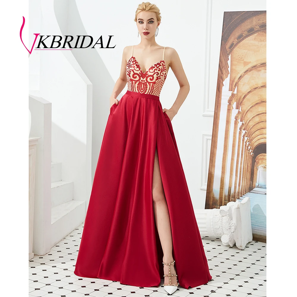 VKbridal реальное изображение с блёстками и кружевом и открытой спиной вечернее платье сексуальный Высокий разрез Бальные вечерние вечернее платье для выпускного бала длинные