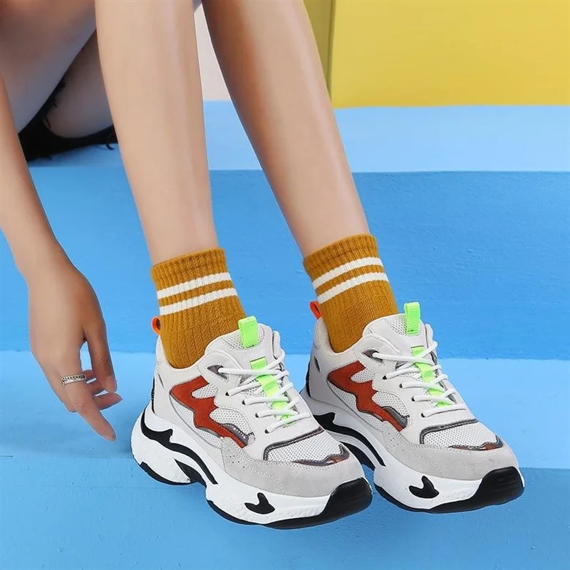 

Chunky Sneakers Round Head Woman Shoes Genuine Leather Dad Soles Mesh Casual Breathable Platform Vulcanized Footwear New Arrive