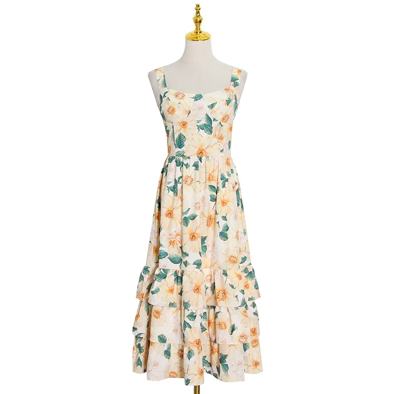

2021 Spring Summer Cascading Ruffles Print Women Vestidos Beach Style Camisole High Waist Femme Robe Long Sweet Dresses 13A131