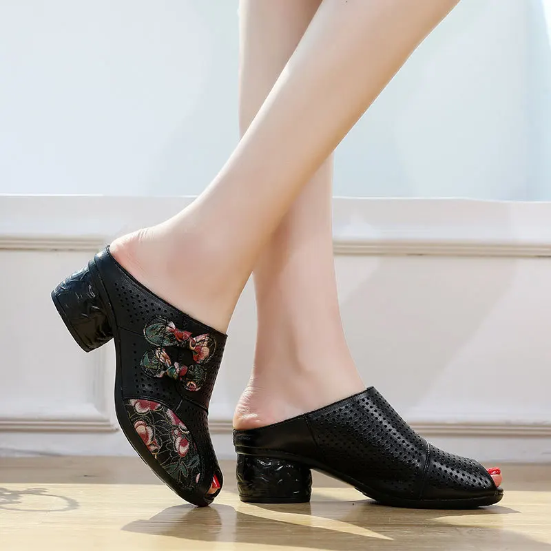 

Genuine Leather Slides Women Summer Casual Shoes Flower Slippers Thick Heel 2021 Lady High Heel Slippers Hallow Slides for Women