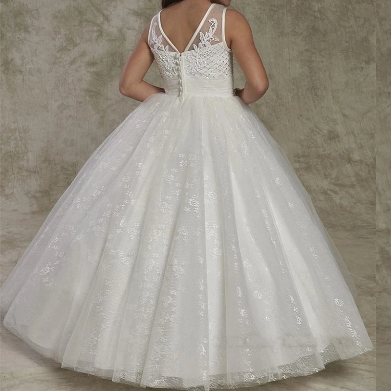 

Crew Neck Backless Flower Girl's Dresses Lace Appliques Cute Toddler Girl's Dresses Princess Button Back Kid's Formal Wear