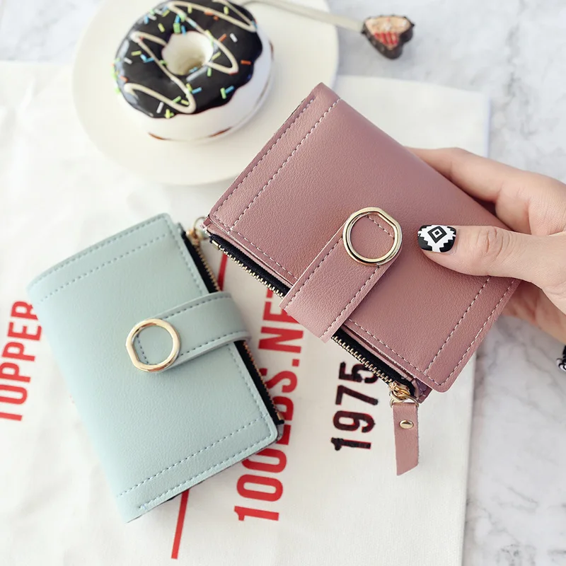 

1PC Ladies Wallet Zipper Buckle Ring Leather Purse Simple New Fashion Holder Clutch Student Money Clip Card Bag 2021