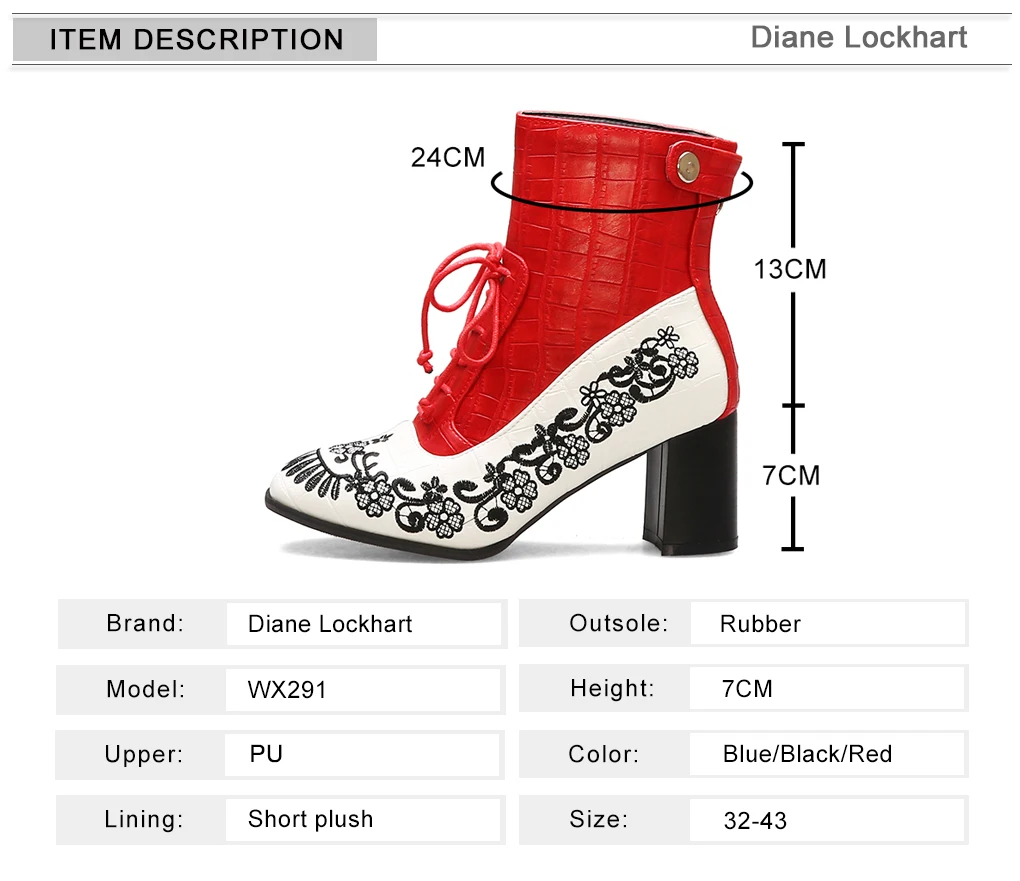 Retro Printed Booties Leather Women Ankle Boots Embroidery High Heels Casual Woman Shoe Zipper Vintage Female Footwear Boot 37