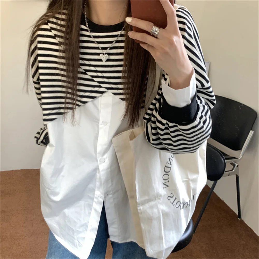 

Alien Kitty Loose All Match Women Fake Two Piece Sweatshirts 2021 Stripes Patchwork Casual New Pullover Stylish Hot Gentle Tops