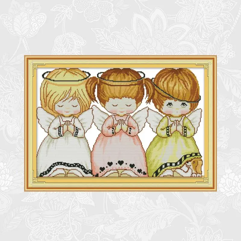 

Joy Sunday Three little Angels Cross Stitch kit Aida Fabric 14ct 11ct Count Printed Canvas Handmade Needlework Embroidery Sets