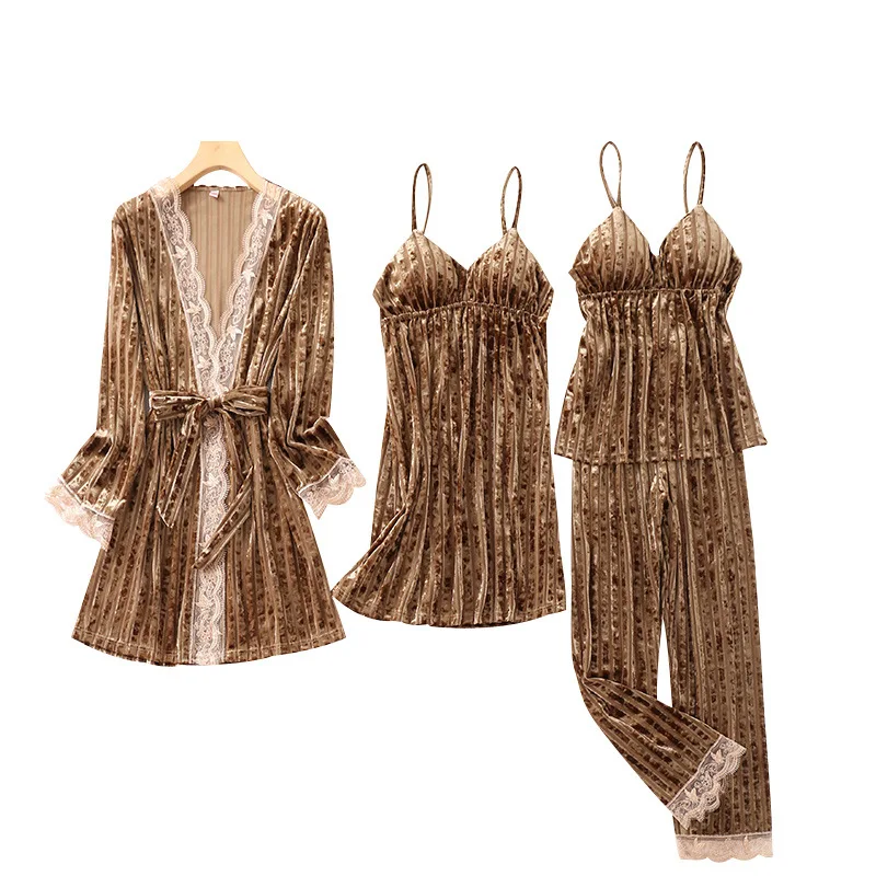 

4PCS Robe Set Velour Women Sleepwear Lace Patchwork Kimono Bathrobe Gown Intimate Lingerie Gold Velvet Nightwear Home Wear