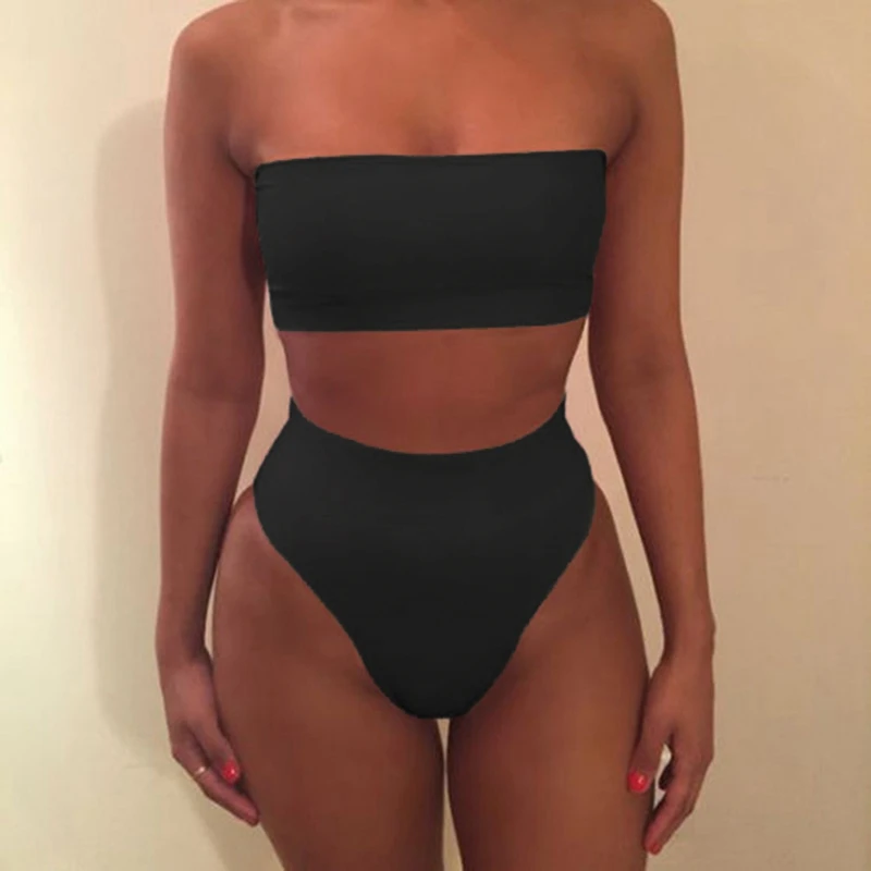 

Women's Sexy Solid Color Tube Top Split Swimsuit 2-Piece High Waist Bikini Suit Swimsuit