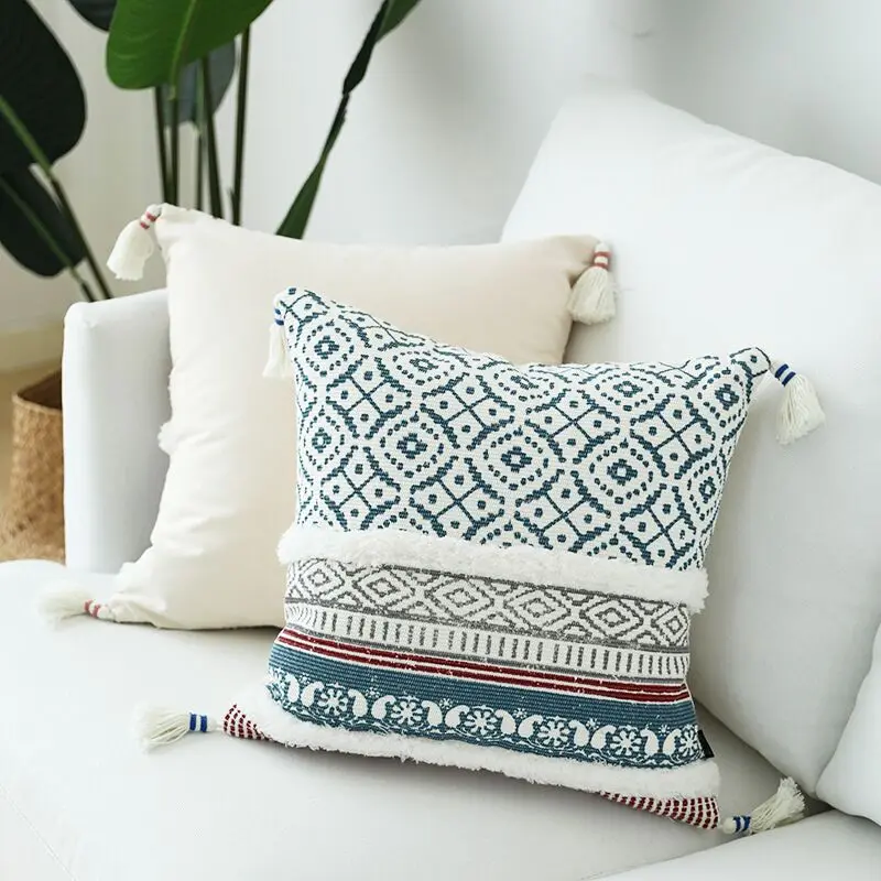 

Blue Yellow Pink cushion cover Tassels Moroccan Style pillow cover Woven for Home decoration Sofa Bed 45x45cm