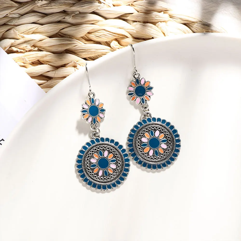 Винтажные этнические висячие серьги резные эмалированные Цветы женские