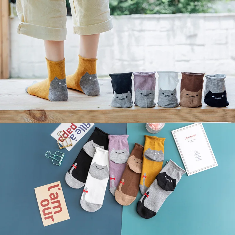 10 pieces = 5 pairs Women's Cotton socks 2020 New Style for Autumn and Winter Cartoon Cute Heel Cat Socks women