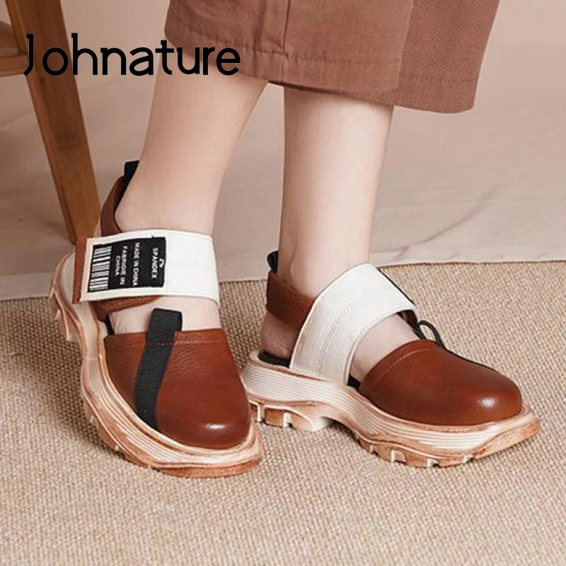 

Johnature Retro Summer Shoes Women Sandals Genuine Leather Hook & Loop 2022 New Wedges Handmade Concise Platform Ladies Sandals