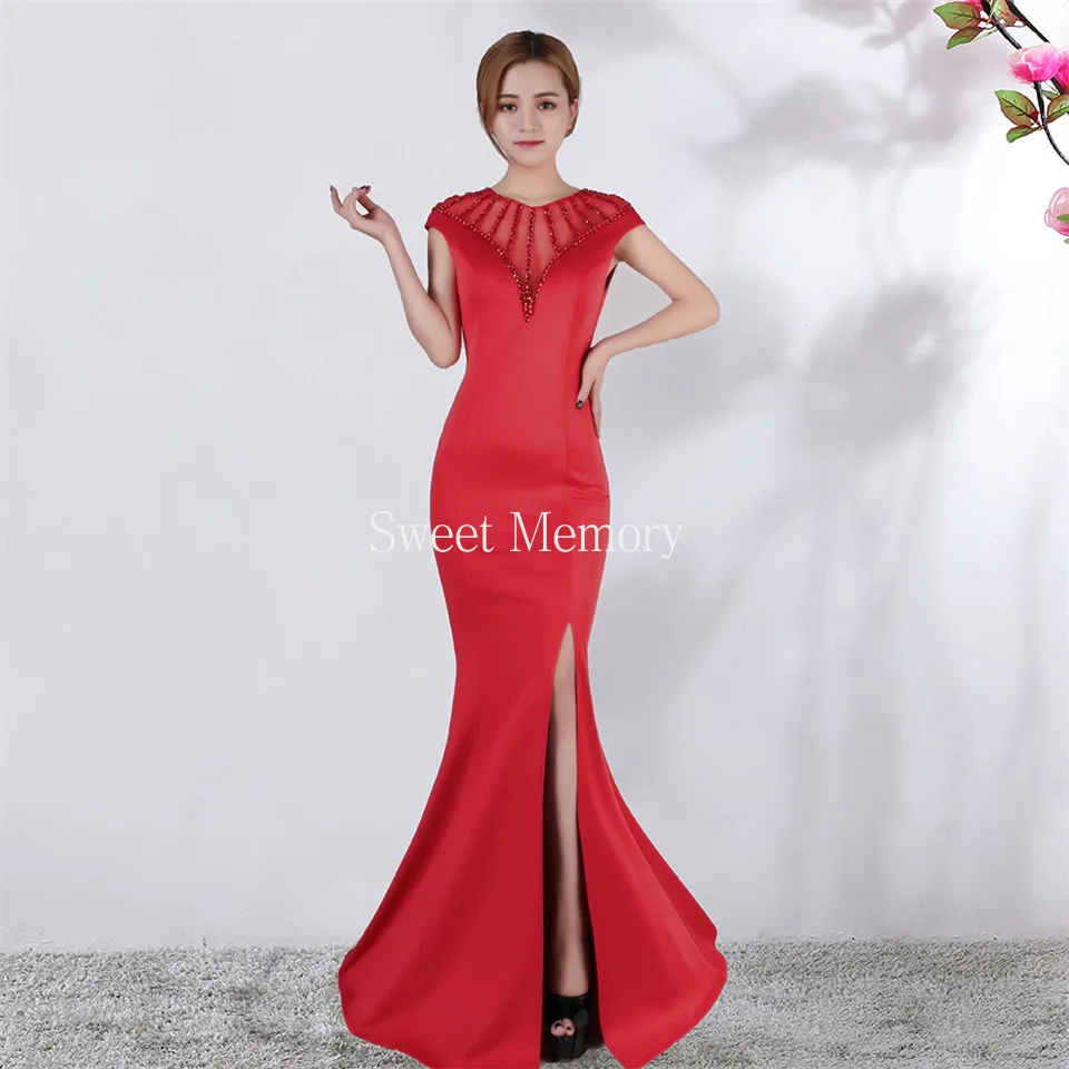 

2021 Split Red Black White Blue Evening Dresses Beading Party Satin Robe Floor-Length Mermaid Prom Dress For Women Vestidos