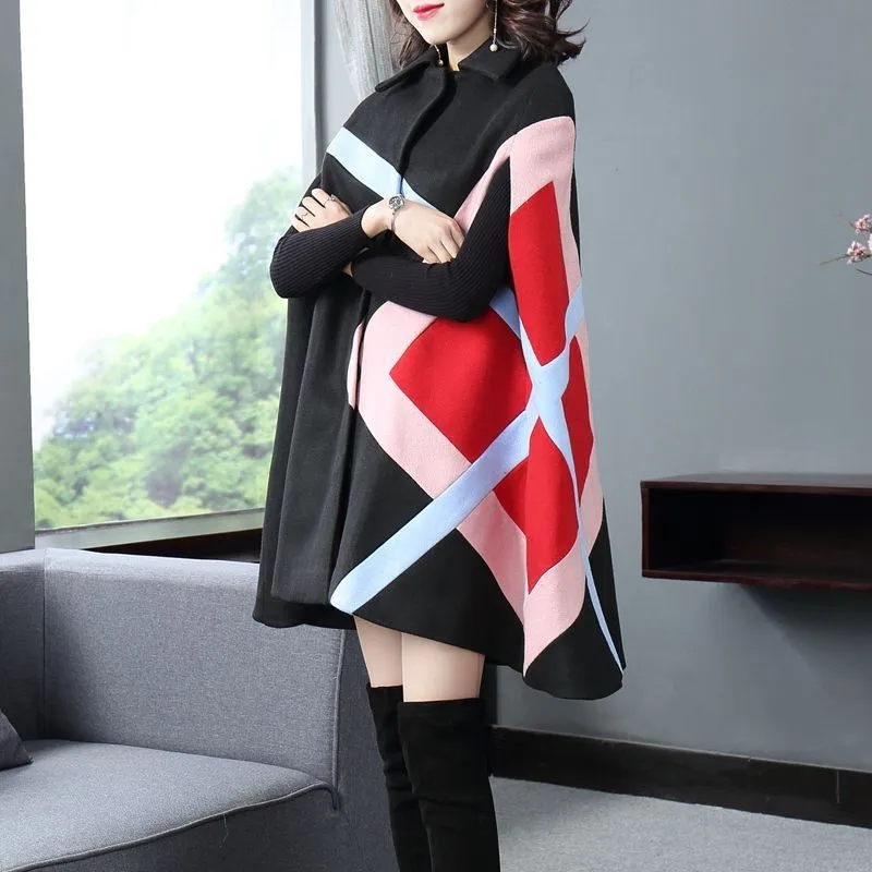 

Autumn Winter 2023 Trench Coat Women Mid Long Cloak Shawls Batwing Sleeve Wool Blends Coat Female Loose Fit Plaid Outerwear Cape