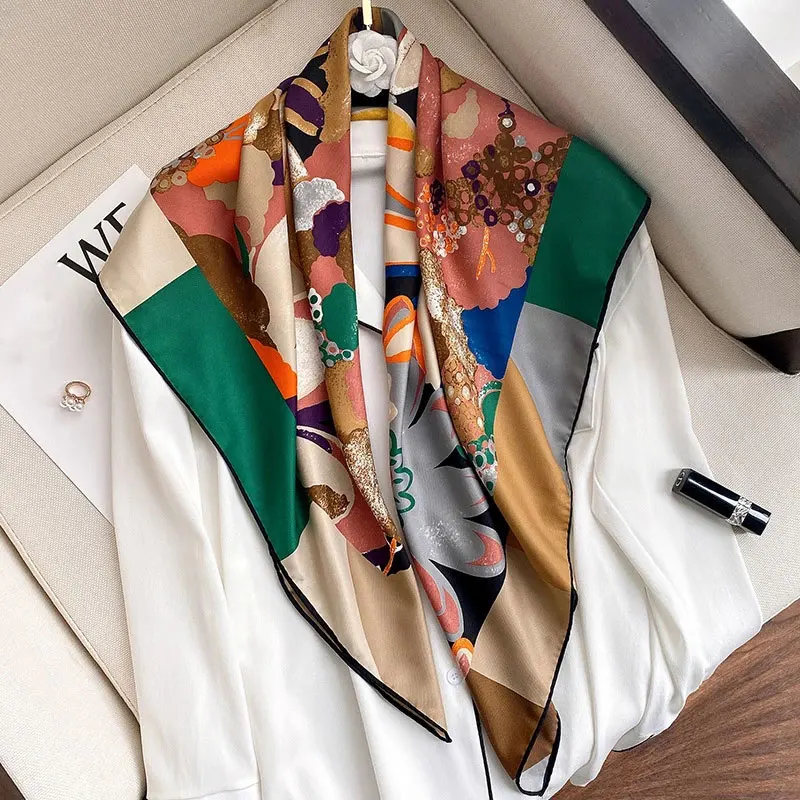 

Design 2021 Scarf Square Hijab Neck Foulard Twill Silk Large Scarves Kerchief Female Soft Headband Spring Wraps Bandana Hijabs