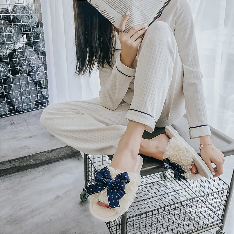 The new 2021 bowknot maomao sandals in the fall and winter of female household household antiskid warm indoor ms cotton slipp