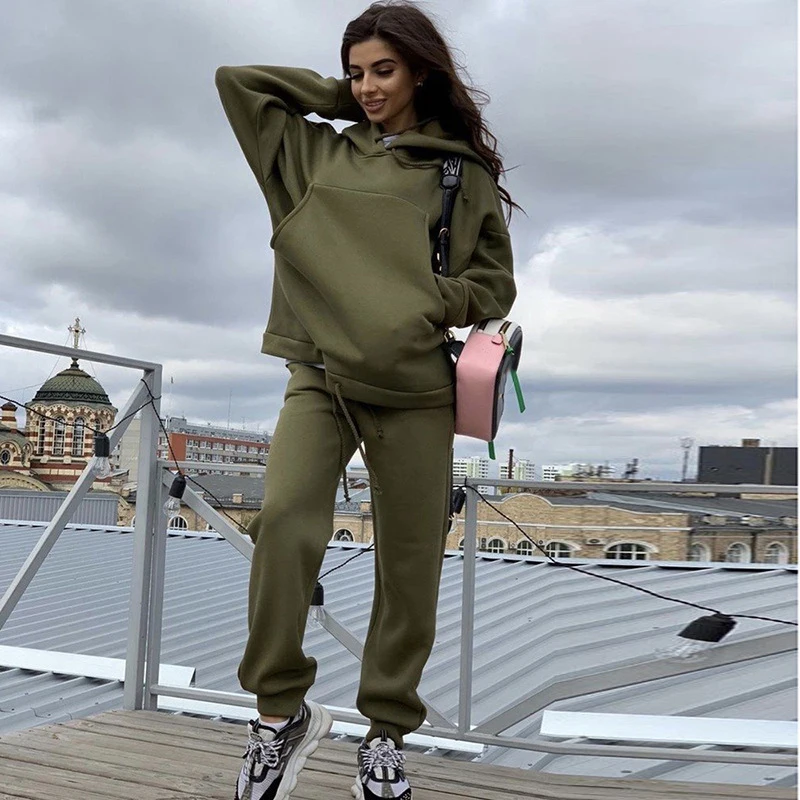 

Women's Sports Suits Long Sleeve Soild Hoodies Jogger Sport Pants Two Piece Set Lady Sport Outfit Casual Female Fleece Tracksuit